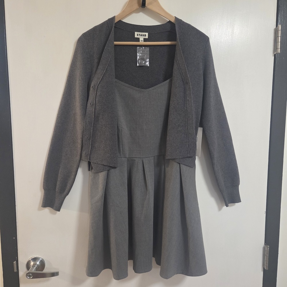 Staud Milo Dress XS Gray Layered Cardigan Pleated Mini Cotton Cashmere Preppy